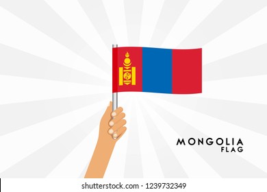 Vector cartoon illustration of human hands hold Mongolia flag. Isolated object on white background.