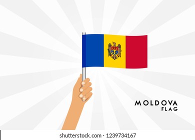 Vector cartoon illustration of human hands hold Moldova flag. Isolated object on white background.