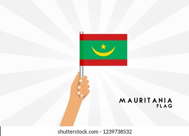 Vector cartoon illustration of human hands hold Mauritania flag. Isolated object on white background.