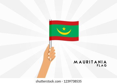 Vector cartoon illustration of human hands hold Mauritania flag. Isolated object on white background.