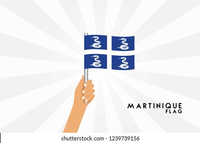 Vector cartoon illustration of human hands hold Martinique flag. Isolated object on white background.