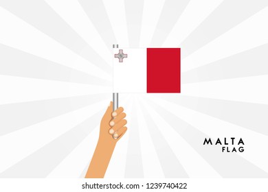 Vector cartoon illustration of human hands hold Malta flag. Isolated object on white background.