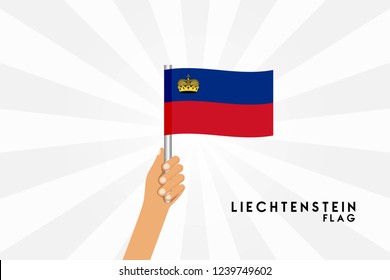Vector cartoon illustration of human hands hold Liechtenstein flag. Isolated object on white background.