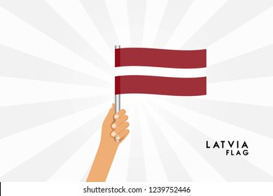 Vector cartoon illustration of human hands hold Latvia flag. Isolated object on white background.