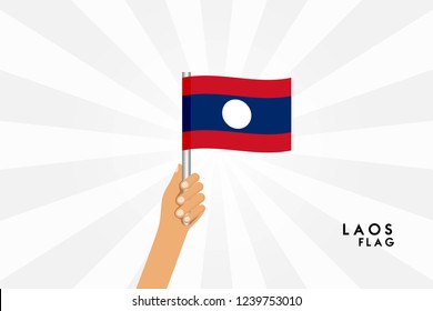 Vector cartoon illustration of human hands hold Laos flag. Isolated object on white background.