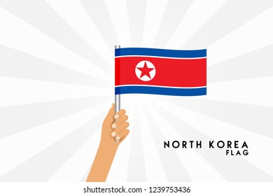 Vector cartoon illustration of human hands hold North Korea flag. Isolated object on white background.