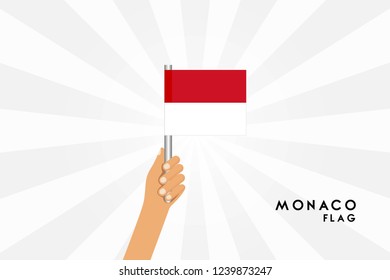 Vector cartoon illustration of human hands hold Monaco flag. Isolated object on white background.