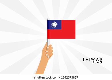 Vector cartoon illustration of human hands hold Taiwan flag. Isolated object on white background.