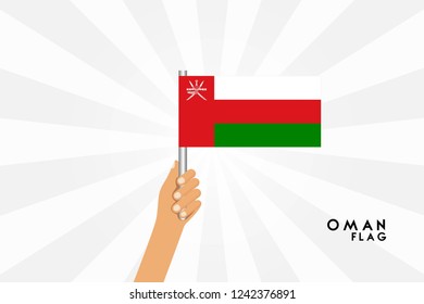 Vector cartoon illustration of human hands hold Oman flag. Isolated object on white background.