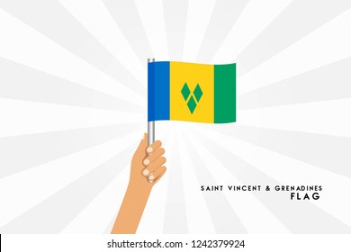 Vector cartoon illustration of human hands hold St Vincent and the Grenadines flag. Isolated object on white background.