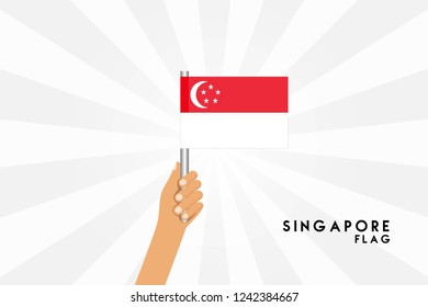 Vector cartoon illustration of human hands hold Singapore flag. Isolated object on white background.
