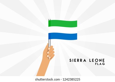 Vector cartoon illustration of human hands hold Sierra Leone flag. Isolated object on white background.