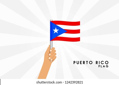 Vector cartoon illustration of human hands hold Puerto Rico flag. Isolated object on white background.