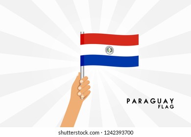 Vector cartoon illustration of human hands hold Paraguay flag. Isolated object on white background.
