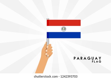 Vector cartoon illustration of human hands hold Paraguay flag. Isolated object on white background.