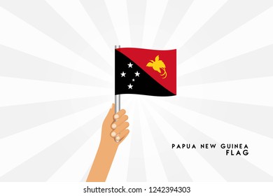 Vector cartoon illustration of human hands hold Papua New Guinea flag. Isolated object on white background.