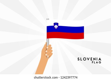 Vector cartoon illustration of human hands hold Slovenia flag. Isolated object on white background.