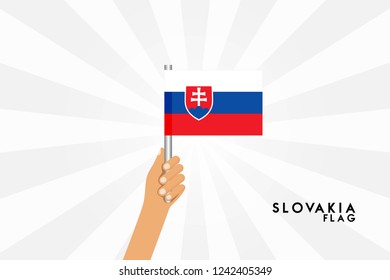 Vector cartoon illustration of human hands hold Slovakia flag. Isolated object on white background.