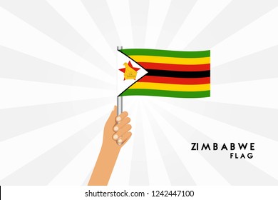 Vector cartoon illustration of human hands hold Zimbabwe flag. Isolated object on white background.
