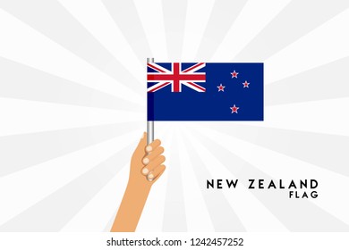 Vector cartoon illustration of human hands hold New Zealand flag. Isolated object on white background.