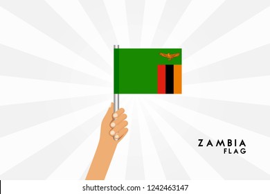Vector cartoon illustration of human hands hold Zambia flag. Isolated object on white background.