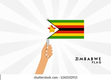 Vector cartoon illustration of human hands hold Zimbabwe flag. Isolated object on white background.