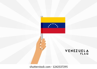 Vector cartoon illustration of human hands hold Venezuela flag. Isolated object on white background.