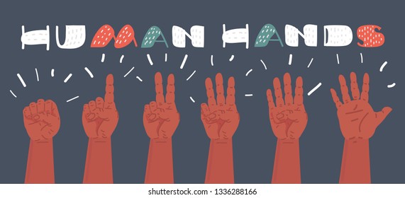 Vector cartoon illustration of human hands composing different gestures, showing various numbers. Count from one to five. Object on dark background.