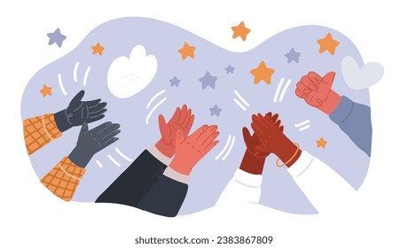 Vector cartoon Illustration of Human hands clapping. People crowd applaud to congratulate success job. Hand thumbs up. Business team cheering. Support celebration, appreciation friendship