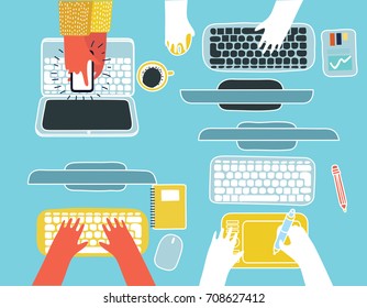 Vector cartoon illustration of human hands computers and gadget, staff around table report analytics working laptop. Open space office, coworking top view. Teamwork creative design for business+