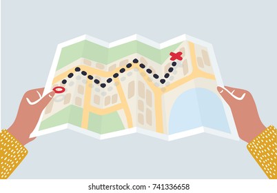 Vector Cartoon Illustration Of Human Hands Holding Paper Map. Folded Map In Hands Of Men. Tourist Look At Map Of The City. Destination And Route Is Looking For. Travel Concept.