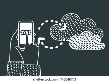 Vector cartoon illustration of human hands with smartphone synchronizing with cloud service application. Modern hand drawn concep in white and black colors.