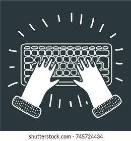 Vector cartoon illustration human hands typing on keyboard. Black and white colors in modern style.