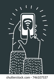 Vector cartoon illustration of human hands hold smartphone and touch by finger wifi icon. Communication connection technology internet concept in black color on dark background.