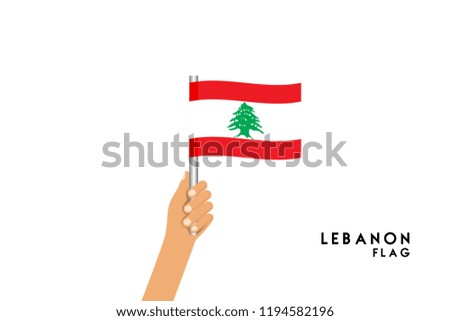 Vector cartoon illustration of human hands hold Lebanon flag. Isolated object on white background.