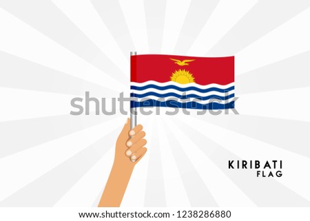 Vector cartoon illustration of human hands hold Kırıbatı flag. Isolated object on white background.