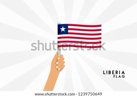 Vector cartoon illustration of human hands hold Liberia flag. Isolated object on white background.