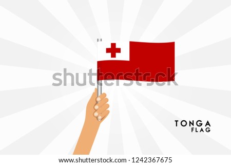 Vector cartoon illustration of human hands hold Tonga flag. Isolated object on white background.