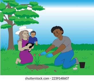 vector cartoon illustration of a husband and wife and their toddler child where the husband is planting flowers in the yard of a garden and the wife is looking at them while holding their small child