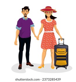 Vector cartoon illustration of husband and wife holding hands and going to vacation on a white isolated background. Boyfriend and girlfriend. Adult couple spend time together.