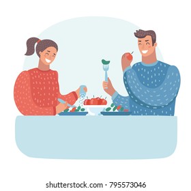 Vector cartoon illustration of husband and wife having dinner at the table. Family. Vegetarianism. Sweet couple, romantic date. Healthy diet. Funny human characters on isolated background.