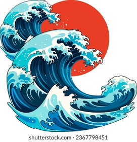 Vector cartoon illustration of iconic Japanese flag and wave