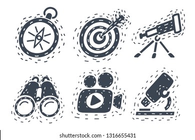 Vector cartoon illustration of icons set. Web, video, sign, symbol, binoculars, compass, microscope, aim, target, telescope, camera,