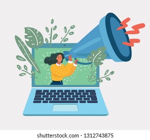 Vector cartoon illustration of Important Information concept. Woman With Megaphone. Loudspeaker. Tiny character with big laptop on white background.