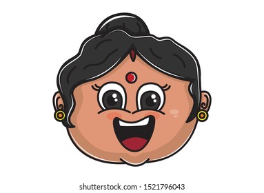 Vector cartoon illustration of Indian aunty happy face. Isolated on white background. 