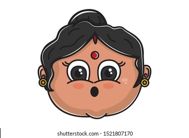 Vector cartoon illustration of Indian aunty astonished face. Isolated on white background. 