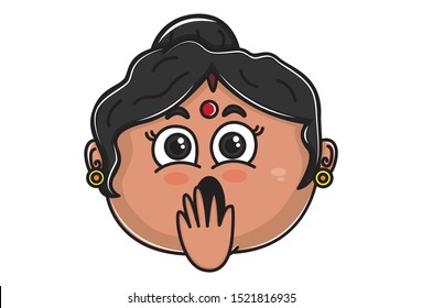 Vector cartoon illustration. Indian aunty shocking expression. Isolated on white background.