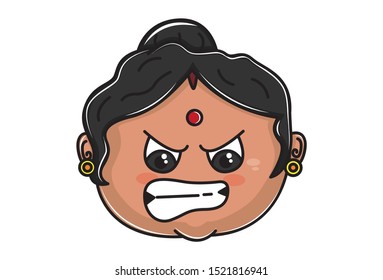 Vector cartoon illustration of Indian aunty angry face. Isolated on white background. 