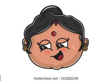 Vector cartoon illustration of Indian aunty face. Isolated on white background. 