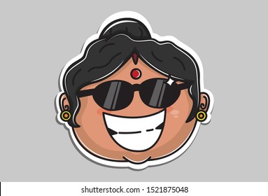 Vector cartoon illustration of Indian aunty wearing glasses. Isolated on grey background. 